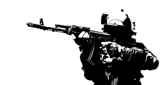 Hard light image of spec ops soldier in face mask with his rifle