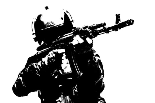 Hard light image of spec ops soldier in face mask with his rifle