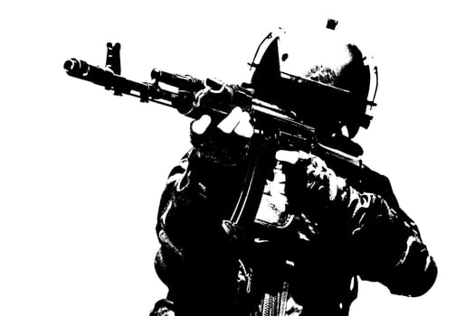 Hard light image of spec ops soldier in face mask with his rifle