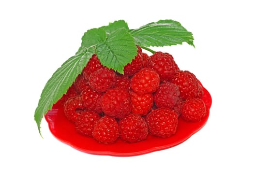 Ripe raspberries decorated with green leaf in a small platter