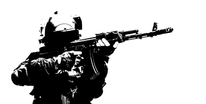 Hard light image of spec ops soldier in face mask with his rifle