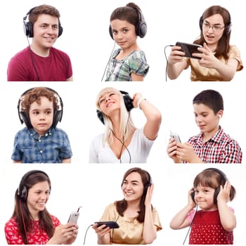 Portraits of different smiling people listening something on headphones