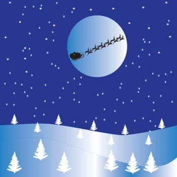 A Snowy Christmas Scene with stars,snow falling,christmas trees and Santas sleigh flying in front of the moon