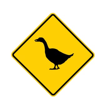 Yellow road sign with goose on black, with path