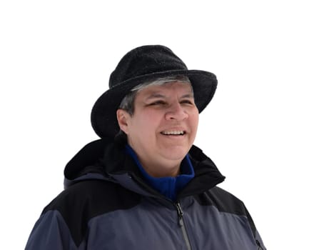 Middle aged woman in winter clothes, looking right