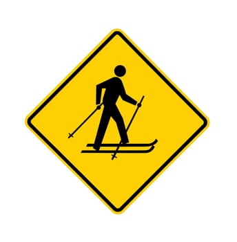 Yellow road sign with cross-country skier in black, with path.