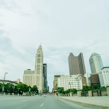 Columbus Ohio skyline and streets in late afternoon