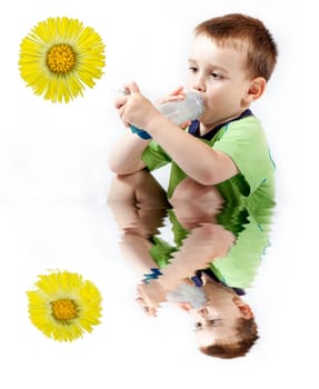 Little boy using inhaler for asthma isolated on white background