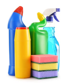 Detergent bottles isolated on white. Chemical cleaning supplies isolated on white