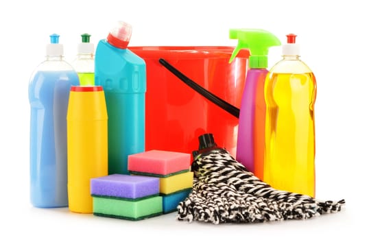 Detergent bottles isolated on white. Chemical cleaning supplies isolated on white