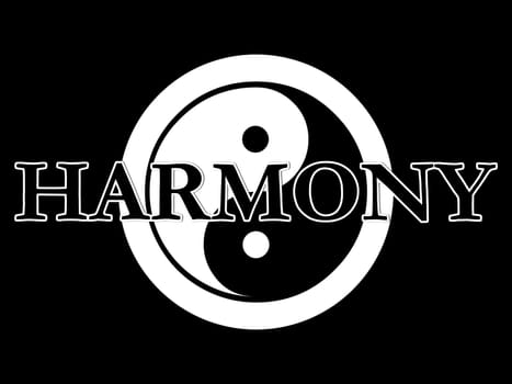 THe traditional yin yang symbol in black and white with the word harmony superimposed on the top.