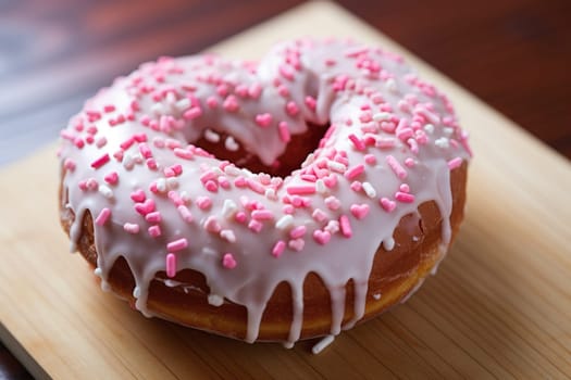 Valentine's Day heart shape pink donut with sprinkles isolated on pink background. AI Generated