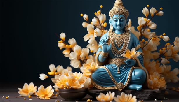Hindu god. Vishnu, Indian lord of Hinduism. Hari god of ancient India. Hindu deity sitting on lotus flower, holding attributes. Traditional holy divinity. illustration copy space Space for text