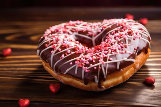Valentine's Day heart shape pink donut with sprinkles isolated on pink background. AI Generated