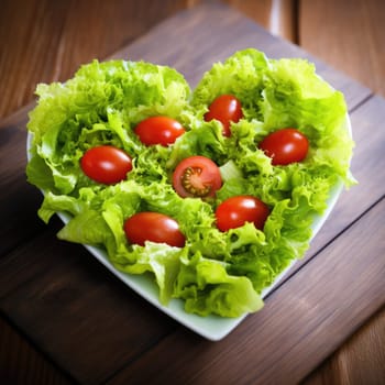 Heart shaped lettuce salad isolated on wooden background. AI Generated