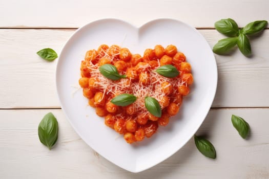 Heart shaped spaghetti with tomato sauce and parmesan cheeses on white plate for valentine day. AI Generated