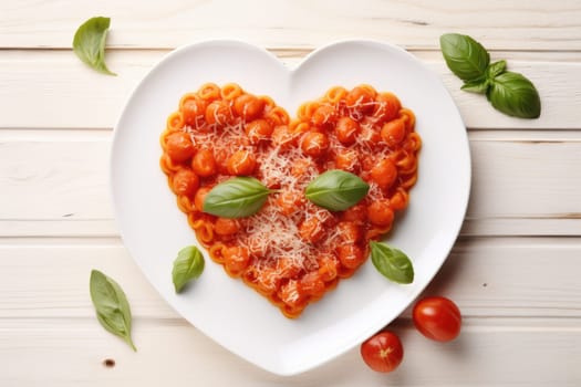 Heart shaped spaghetti with tomato sauce and parmesan cheeses on white plate for valentine day. AI Generated