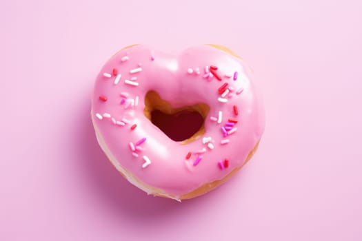 Valentine's Day heart shape pink donut with sprinkles isolated on pink background. AI Generated