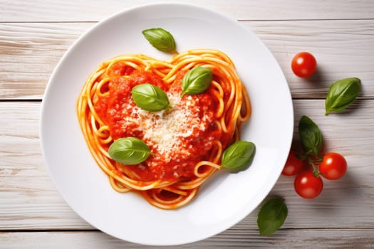 Heart shaped spaghetti with tomato sauce and parmesan cheeses on white plate for valentine day. AI Generated