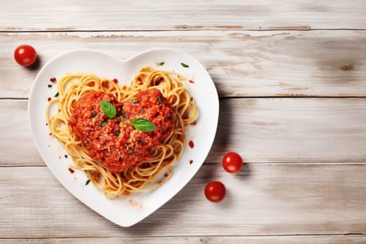 Heart shaped spaghetti with tomato sauce and parmesan cheeses on white plate for valentine day. AI Generated