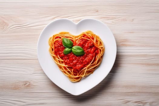 Heart shaped spaghetti with tomato sauce and parmesan cheeses on white plate for valentine day. AI Generated