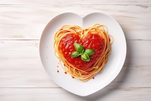 Heart shaped spaghetti with tomato sauce and parmesan cheeses on white plate for valentine day. AI Generated