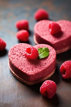 Heart shaped red velvet cake for Valentine's day on dark background. Tasty homemade dessert. AI Generated