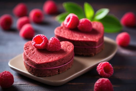 Heart shaped red velvet cake for Valentine's day on dark background. Tasty homemade dessert. AI Generated