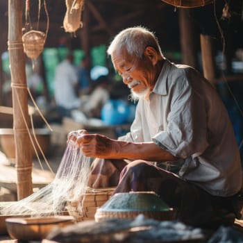 old man knitting a traditional fishing net. AI Generated