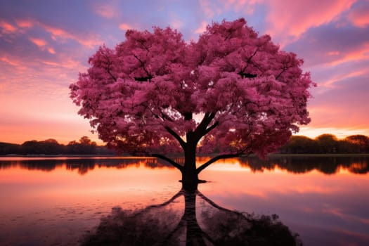 Valentine Day. Pink Heart Shaped Tree on sunset. AI Generated