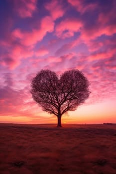Valentine Day. Pink Heart Shaped Tree on sunset. AI Generated