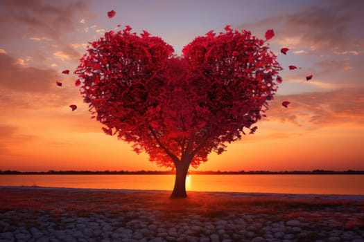 Valentine Day. Red Heart Shaped Tree on sunset. AI Generated