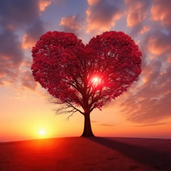 Valentine Day. Red Heart Shaped Tree on sunset. AI Generated