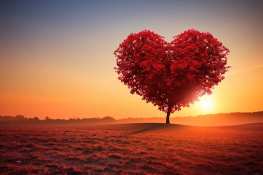 Valentine Day. Red Heart Shaped Tree on sunset. AI Generated