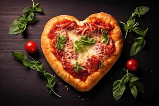 Heart shaped pizza. Happy St. Valentine's day. Love symbol. American and Italian fast food. AI Generated