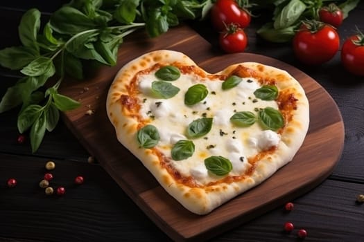 Heart shaped pizza. Happy St. Valentine's day. Love symbol. American and Italian fast food. AI Generated