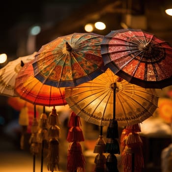 Colorful Asian Paper Umbrella Parasol in market. AI Generated