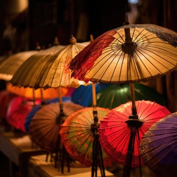 Colorful Asian Paper Umbrella Parasol in market. AI Generated