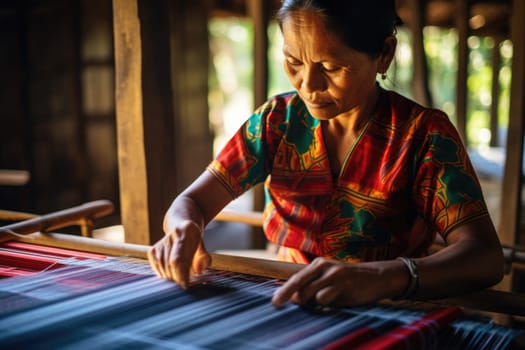 Master weaver is weaving the tapestry with diverse bright threads, close up. Artisanal at work. AI Generated