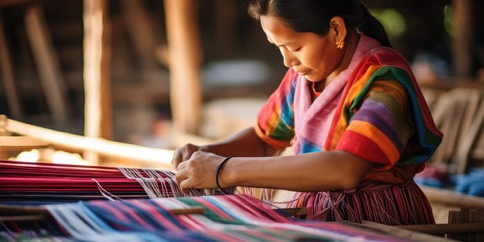 Master weaver is weaving the tapestry with diverse bright threads, close up. Artisanal at work. AI Generated