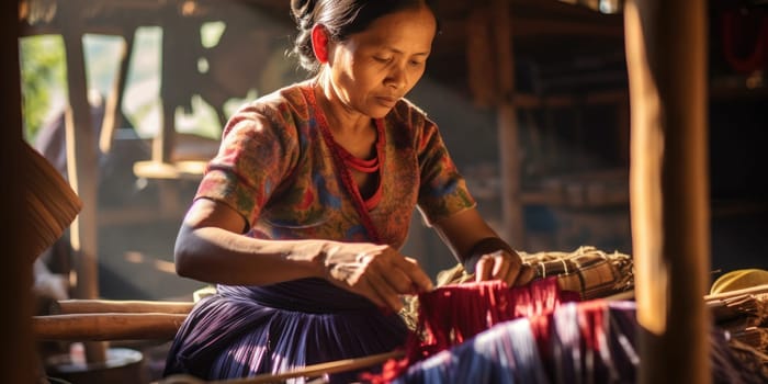 Master weaver is weaving the tapestry with diverse bright threads, close up. Artisanal at work. AI Generated