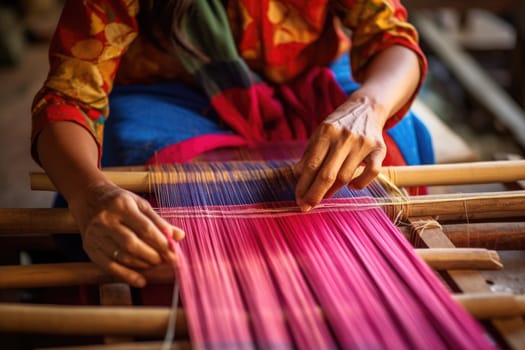 Master weaver is weaving the tapestry with diverse bright threads, close up. Artisanal at work. AI Generated