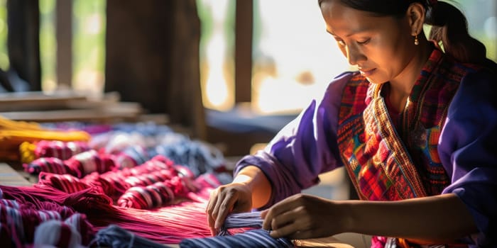 Master weaver is weaving the tapestry with diverse bright threads, close up. Artisanal at work. AI Generated