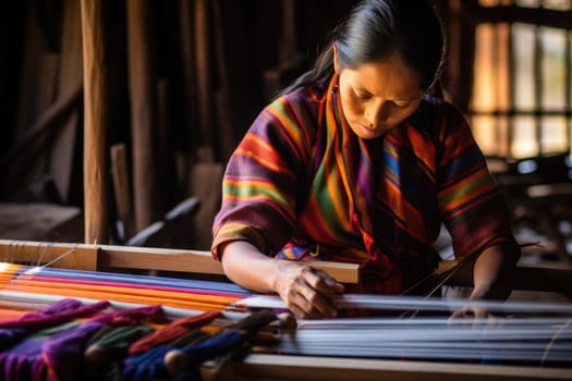 Master weaver is weaving the tapestry with diverse bright threads, close up. Artisanal at work. AI Generated