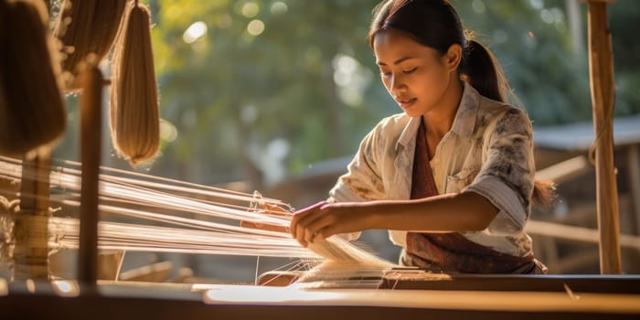 Master weaver is weaving the tapestry with diverse bright threads, close up. Artisanal at work. AI Generated