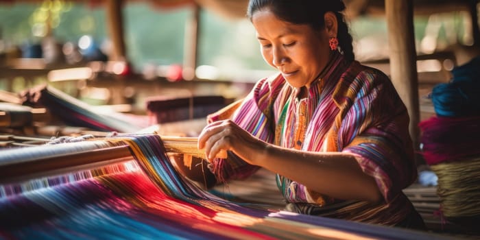 Master weaver is weaving the tapestry with diverse bright threads, close up. Artisanal at work. AI Generated