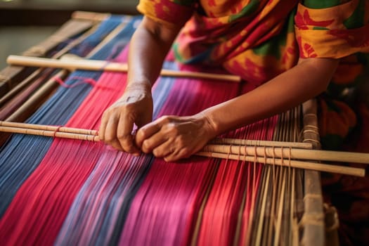 Master weaver is weaving the tapestry with diverse bright threads, close up. Artisanal at work. AI Generated