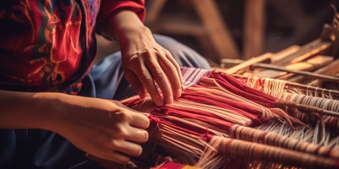 Master weaver is weaving the tapestry with diverse bright threads, close up. Artisanal at work. AI Generated