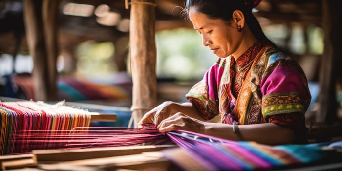Master weaver is weaving the tapestry with diverse bright threads, close up. Artisanal at work. AI Generated