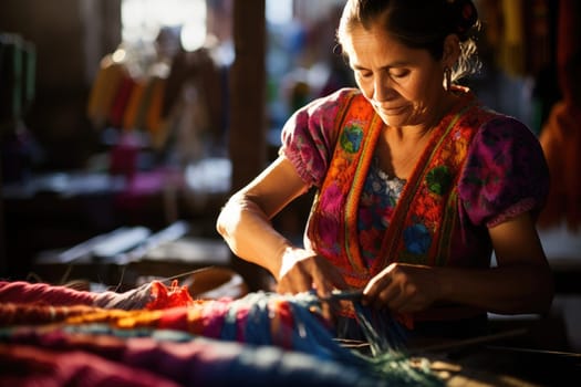 Master weaver is weaving the tapestry with diverse bright threads, close up. Artisanal at work. AI Generated